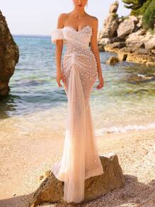 New Pearl Lace Patchwork Slim Fit Evening Dress For Women, Wedding Event Dress, Formal Prom Gown, For Wedding Guest, Graduation, Dinner