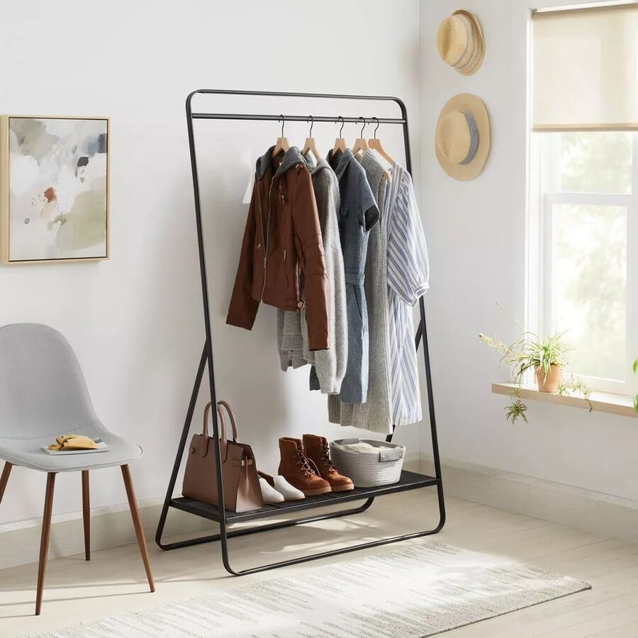 Simple Trending Standard Clothes Clothing Garment Rack With Storage Shelves For Hanging Clothes, Black - 黑色 - 查看 1
