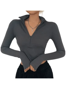 女士户外休闲高领长袖半拉链短款性感修身 T 恤 - 灰色 - 查看 2