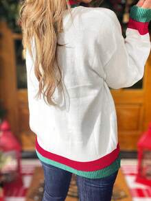 圣诞节口号图案条纹落肩长袖圆领毛衣，长袖上衣