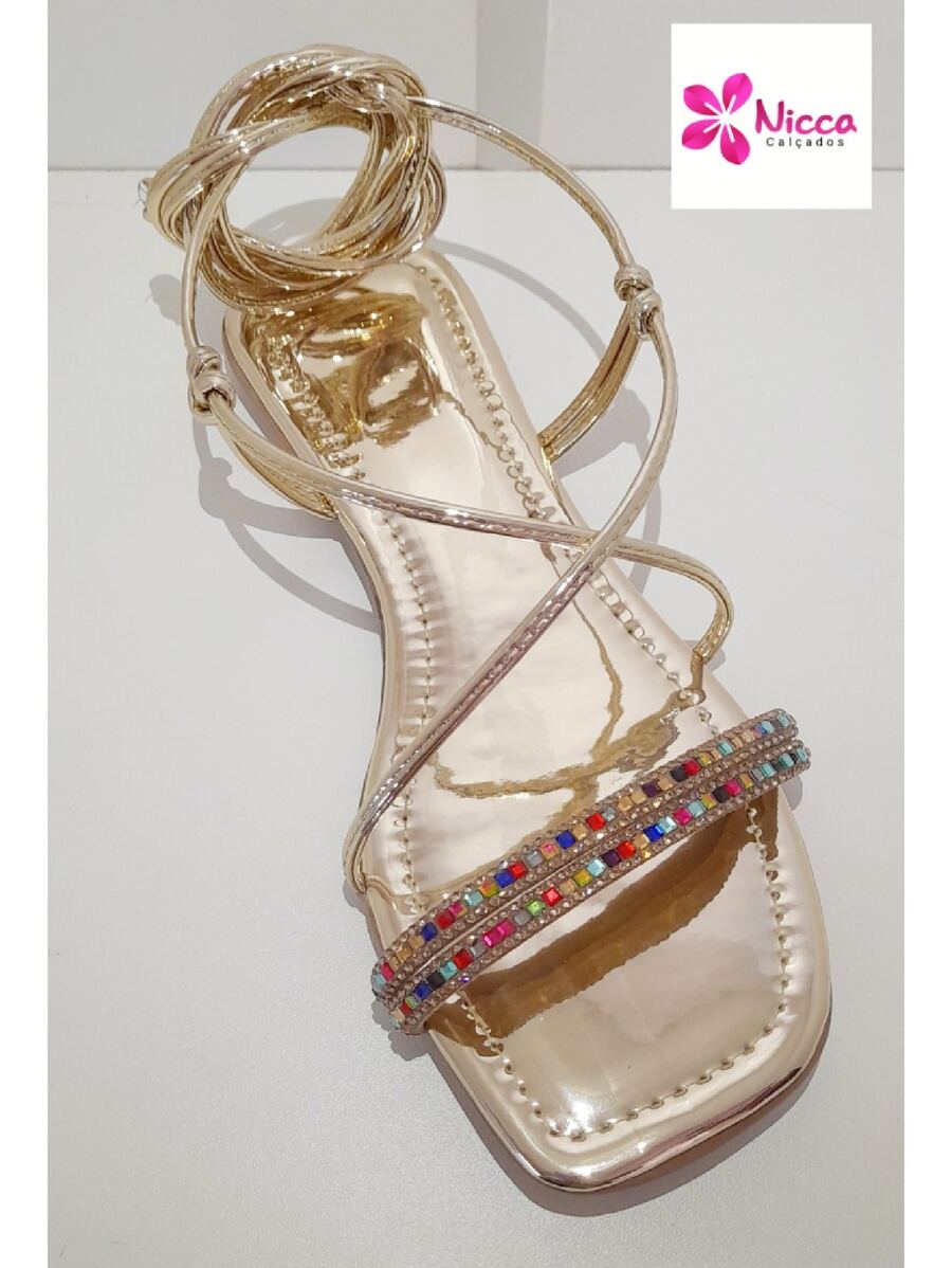 TIE-UP FLAT SANDAL WITH 2 COLORFUL RHINESTONES STRAPS - 金色 - 查看 1