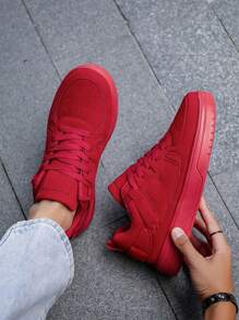 Men's Casual Red Contrasting Color Comfortable Sports Sneakers, Stylish Low-Top Vulcanized Shoes, Suitable For Outdoor, Walking, Couples