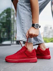 Men's Casual Red Contrasting Color Comfortable Sports Sneakers, Stylish Low-Top Vulcanized Shoes, Suitable For Outdoor, Walking, Couples