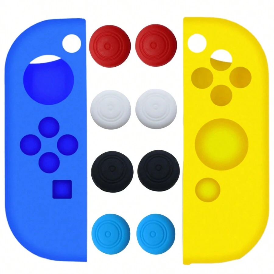 Funda protectora compatible con el controlador Switch Joy-Con con tapas para pulgares, 2 paquetes de cubiertas de agarre de silicona antideslizante con 8 almohadillas para la palanca, color negro, azul + rojo y blanco - azul+amarillo - Ver 1