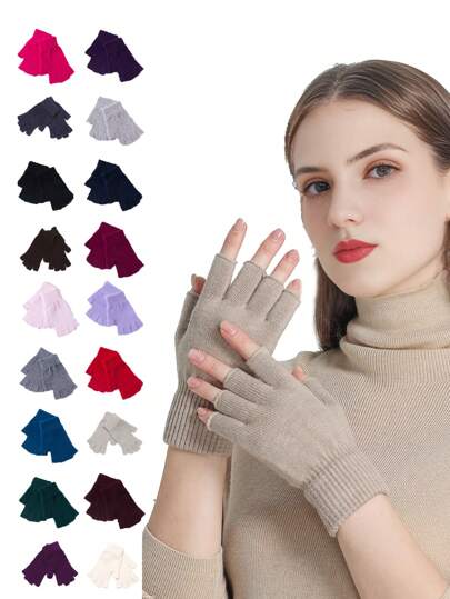 1 双男女通用纯色针织半指手套，羊毛保暖骑行护腕手套，适合秋冬季节，方便日常使用和工作。