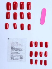 Uñas postizas cuadradas medianas, uñas falsas rojas brillantes, uñas postizas de cobertura completa para mujeres y niñas que incluyen lima de uñas y suministros de pegamento de uñas de gelatina - Rojo - Ver 3