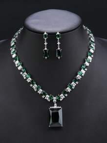 1 套 3 件奢华方晶锆石珠宝项链和耳环套装，适合新娘婚纱、典礼派对穿着