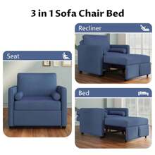 3 In 1 Convertible Sleeper Chair With Adjustable Backrest, Lounger Chair Turns Into Bed, Single Bed For Living Room, Linen, Tan - Blue - View 9