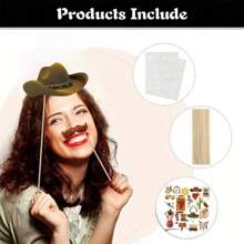 25pcs Western Cowboy Party Photo Props, Paper Cowboy Pattern Cards + Bamboo Sticks, DIY Funny Atmosphere Decorations, Suitable For Birthday Party, Theme Party, Western Carnival Supplies