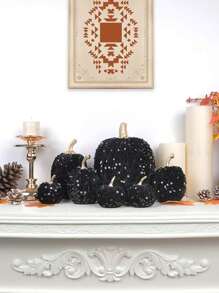 7PCS Autumn Artificial Pumpkin Black Foam Flash Pumpkin Thanksgiving Harvest Pumpkin Suitable For Thanksgiving Christmas Seasonal Festivals Farmhouse Home Wedding Party Desktop Center Decoration Birthday Home Decor Christmas Decorations Room Decor - 7PCS Sequin Pumpkin Black - View 1
