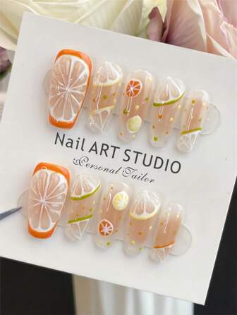 Upgrade Your Style, 10pcs S/M/L 100% Handmade Wearable Nail Tips High-End Elegant Fresh Lemon Summer Nail Stickers Cute Lemon Blush Lemon Removable Press-On Fake Nails DIY, For Girls Summer Lemonade Party, Full Cover False Nail Tips Set, Gift For Women And Nail Supplies, Whitening Nail Art Kit, Removable Fake Nails, For Holidays, Gatherings, Dates And Daily Wear