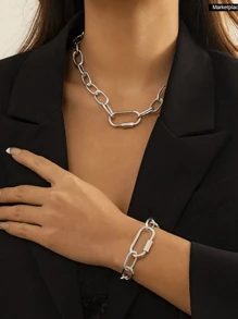 1set Minimalist Hollow Link Necklace And Bracelet Set, Fashion Accessories For Women - Silver - View 2