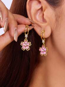 1pair Crystal Floral Decor Flower Drop Stud Earrings