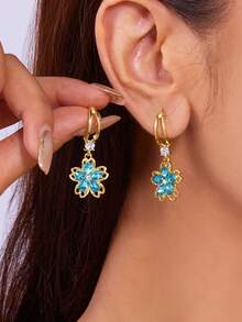 1pair Crystal Floral Decor Flower Drop Stud Earrings