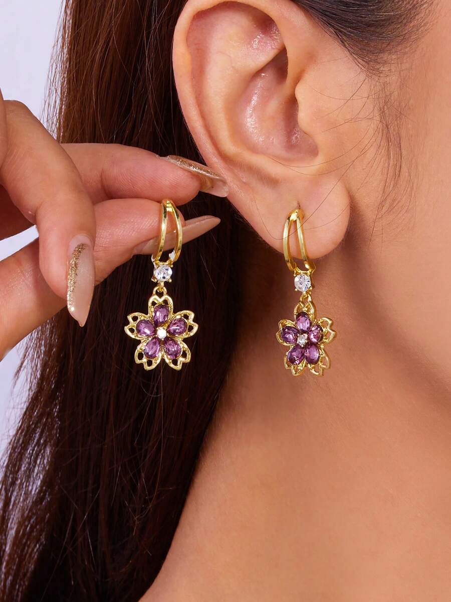 1pair Crystal Floral Decor Flower Drop Stud Earrings