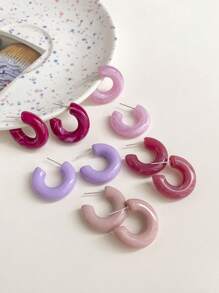 1 套/5 对时尚 C 形环状耳环，多色可爱休闲日常耳环套装 - 彩色 - 查看 4