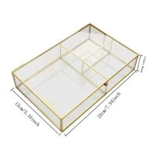 1pc Transparent Glass Covered Storage Box Makeup Jewelry Organizer Tray - Gold - View 2