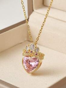 1pc Girl Pink Crown & Heart Pendant Necklace - Ideal Gift For Birthday