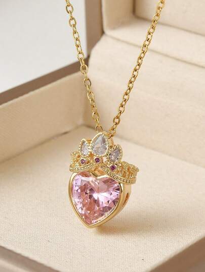 1pc Girl Pink Crown & Heart Pendant Necklace - Ideal Gift For Birthday
