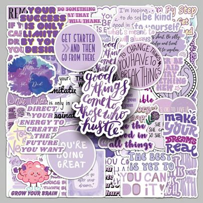 50 个/包紫色系列励志英文短语贴纸套装适用于行李箱、手机壳、笔记本、头盔、滑板、防水装饰贴纸 DIY 工艺品