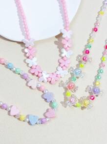 6pcs/Set Girls Cute Butterfly & Heart Beaded Necklace & Bracelet Jewelry Set, Assorted Color Gift For Party, Birthday, Festival