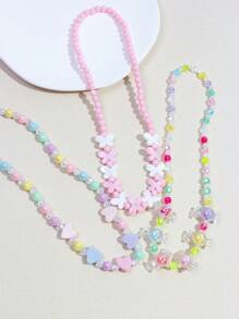 6pcs/Set Girls Cute Butterfly & Heart Beaded Necklace & Bracelet Jewelry Set, Assorted Color Gift For Party, Birthday, Festival