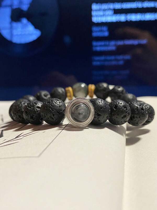 1 pieza Pulsera de piedra natural de múltiples tesoros de moda, que incluye accesorios de cristal de cabello negro giratorio, piedra volcánica porosa natural, piedra de ojo de águila, apto para que lo usen hombres y mujeres. Viene con una caja de regalo y una bolsa de almacenamiento de joyas.