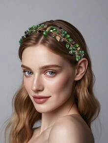 Băng đô pha lê sang trọng Phụ kiện tóc lá kim loại ngọt ngào thanh lịch Vòng hoa cho tiệc sinh nhật Ăn tối Chụp ảnh Cosplay YXA233 - ngọc lục bảo - Xem 2