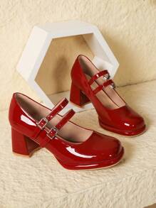女士红色漆皮玛丽珍鞋，粗跟方头复古法式高跟鞋
