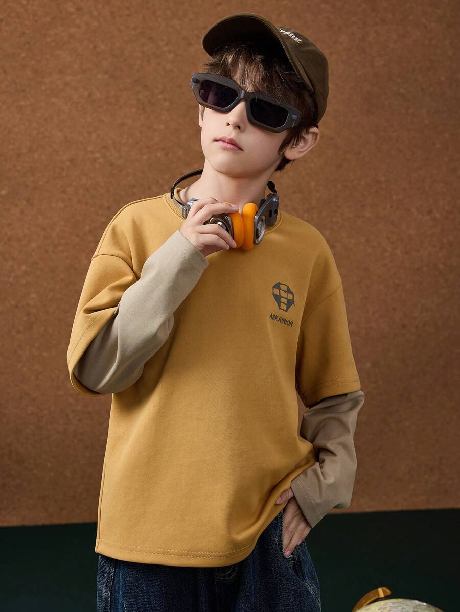 ASK JUNIOR 青少年男童长袖T恤,复古色块设计,秋季新品 - 黃色 - 查看 1