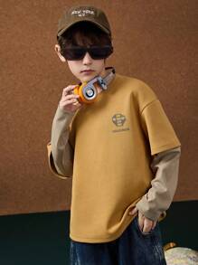ASK JUNIOR 青少年男童长袖T恤，复古色块设计，秋季新品 - 黃色 - 查看 9