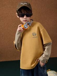 ASK JUNIOR 青少年男童长袖T恤，复古色块设计，秋季新品 - 黃色 - 查看 4