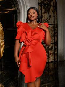 Faeriesty 立体花朵荷叶边装饰鸡尾酒会礼服，优雅舞会半正式礼服，适合生日、婚礼嘉宾、毕业典礼、晚宴、返校节 - 橘色 - 查看 3