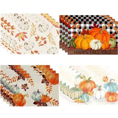 4pcs Fall-Themed Placemats - Heat Insulation, Water-Resistant, And Stain-Proof Table Mats With Buffalo Plaid And Gnome Pumpkin Patterns - Perfect For Thanksgiving, Fall Decor, And Western-Style Dining Table Decor