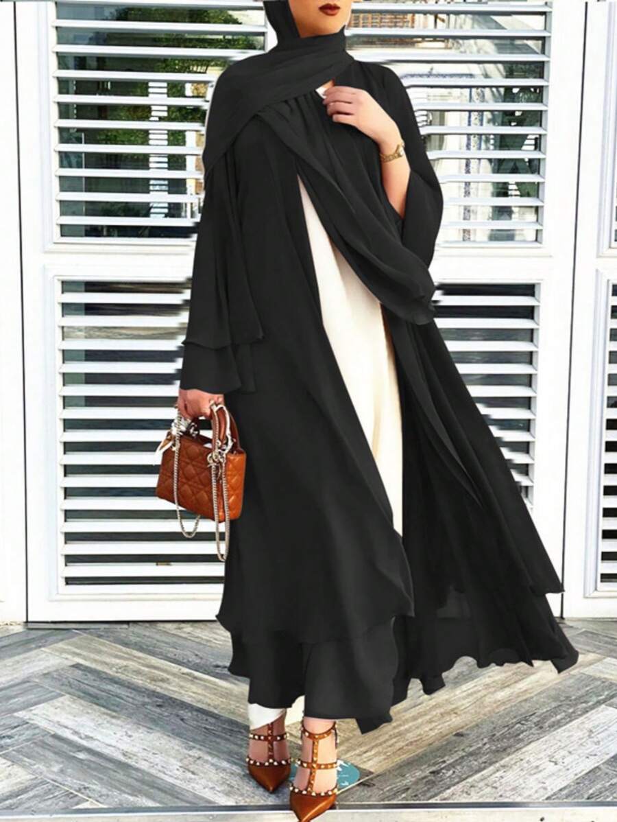 1 件双层雪纺开衫 Abaya 搭配同款头巾，适合女性日常穿着万圣节 - 彩色 - 查看 1