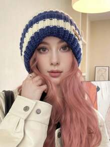 秋冬季复古条纹针织帽女加厚保暖贴边帽休闲无檐帽子男女户外防寒弹力宽松帽子