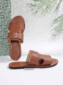 女士时尚系带凉鞋，金属豹头装饰，平底圆头优雅沙滩拖鞋，棕色夏季拖鞋 - 棕色 - 查看 7