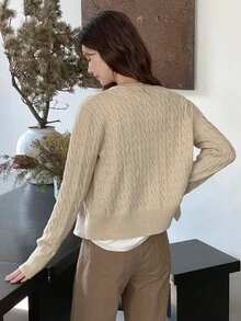 Women's Round Neck Cable Knit Long Sleeve Cardigan Sweater, Solid Color, Cable Pattern, Minimalist Casual, Suitable For Daily Wear, Commuting, Autumn/Winter Long Sleeve Top - Apricot - View 9