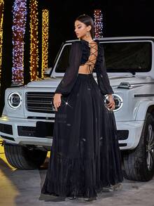 雪纺水钻蝴蝶花卉露背交叉系带褶皱鱼线耳系带长袖下摆舞会礼服适合万圣节派对、庆典黑色优雅正式晚会婚礼宾客礼服、毕业典礼、晚宴