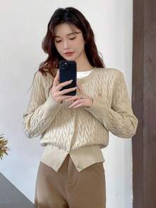 Women's Round Neck Cable Knit Long Sleeve Cardigan Sweater, Solid Color, Cable Pattern, Minimalist Casual, Suitable For Daily Wear, Commuting, Autumn/Winter Long Sleeve Top - Apricot - View 2