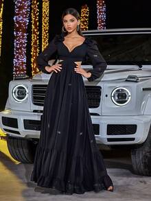 雪纺水钻蝴蝶花卉露背交叉系带褶皱鱼线耳系带长袖下摆舞会礼服适合万圣节派对、庆典黑色优雅正式晚会婚礼宾客礼服、毕业典礼、晚宴