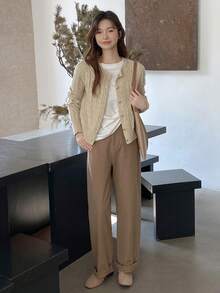 Women's Round Neck Cable Knit Long Sleeve Cardigan Sweater, Solid Color, Cable Pattern, Minimalist Casual, Suitable For Daily Wear, Commuting, Autumn/Winter Long Sleeve Top - Apricot - View 8