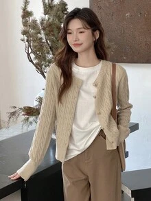 Women's Round Neck Cable Knit Long Sleeve Cardigan Sweater, Solid Color, Cable Pattern, Minimalist Casual, Suitable For Daily Wear, Commuting, Autumn/Winter Long Sleeve Top - Apricot - View 5