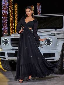 雪纺水钻蝴蝶花卉露背交叉系带褶皱鱼线耳系带长袖下摆舞会礼服适合万圣节派对、庆典黑色优雅正式晚会婚礼宾客礼服、毕业典礼、晚宴