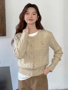 Women's Round Neck Cable Knit Long Sleeve Cardigan Sweater, Solid Color, Cable Pattern, Minimalist Casual, Suitable For Daily Wear, Commuting, Autumn/Winter Long Sleeve Top - Apricot - View 3