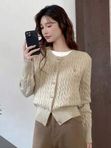 Women's Round Neck Cable Knit Long Sleeve Cardigan Sweater, Solid Color, Cable Pattern, Minimalist Casual, Suitable For Daily Wear, Commuting, Autumn/Winter Long Sleeve Top - Apricot - View 1