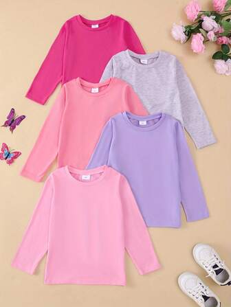 5 件套年轻女孩纯色柔软舒适轻质针织面料长袖 T 恤和裤子套装，秋冬