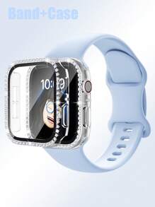 兼容 表带和表壳组合套装 时尚、运动、柔软舒适的铆钉扣硅胶表带 + 闪亮镶钻防摔防刮 PC 表壳，带钢化玻璃膜一体式表壳兼容 38/40/41/42/44/45/46/49mm 替换表带表壳兼容 Series Ultra/11/10/9/8/7/6/5/4/3/Se 女士表带表壳 - 天藍色錶帶+透明鑲鑽殼 - 查看 2