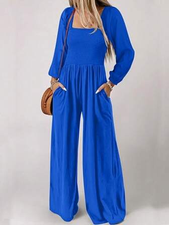 Plus Size Women's Long Sleeve Casual Jumpsuit With Convertible Neckline