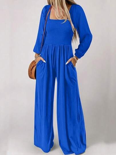 大码女式长袖休闲连体裤，带可变领口